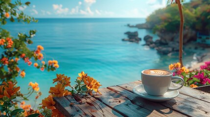 wide view, wallpaper outdoor seaside coffee shop, multicolored main color, morning, multicolored details, multicolored flowers