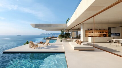 Obraz premium A luxury cliffside villa with a swimming pool, a dining table, high ceilings, large windows overlooking the ocean and the sky, and a modern living room with a bar and loungers