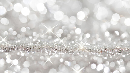 White glitter background with shiny silver sparkles, seamless pattern for wedding invitation or holiday party design. Glitter texture, sparkling stars on white paper surface.