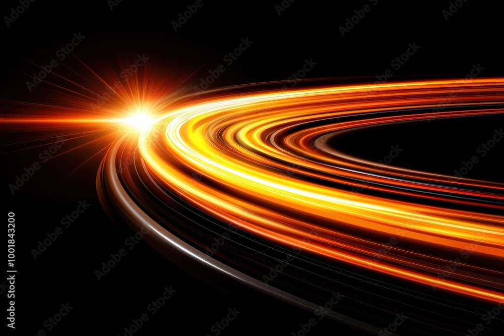 Poster dynamic light trails with bright orange and white colors, creating an abstract pattern against a bla