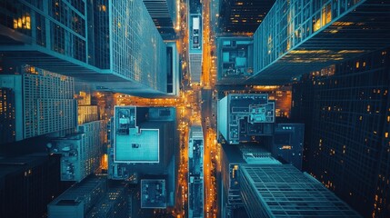 Aerial view of a modern cityscape with sleek skyscrapers and bustling streets 