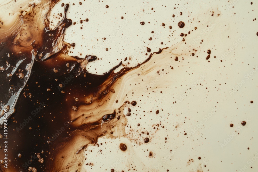 Poster an abstract artistic background featuring dynamic coffee stains and splashes on a light surface. gen