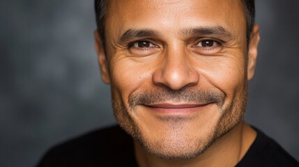 Obraz premium A handsome Hispanic man gazes directly into the camera, showcasing a confident smile and smooth, glowing skin. The softly blurred background enhances his striking features