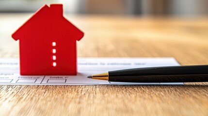 Red house-shaped keychain placed on a home loan application form with a pen, symbolizing real estate and mortgage processes.