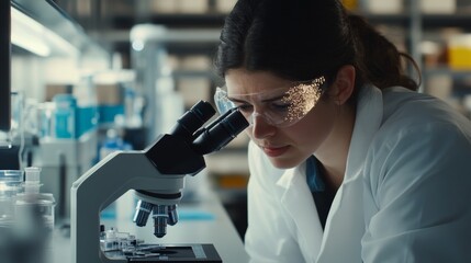 A dedicated researcher examines intricate cell structures through a high-powered microscope in a sterile laboratory setting, highlighting significant scientific findings
