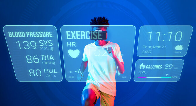 African man jogging or using augmented reality goggle and artificial intelligence practicing and training. Male model with shirt doing running posture and looking at hologram. Technology. Ingenuity. - Powered by Adobe