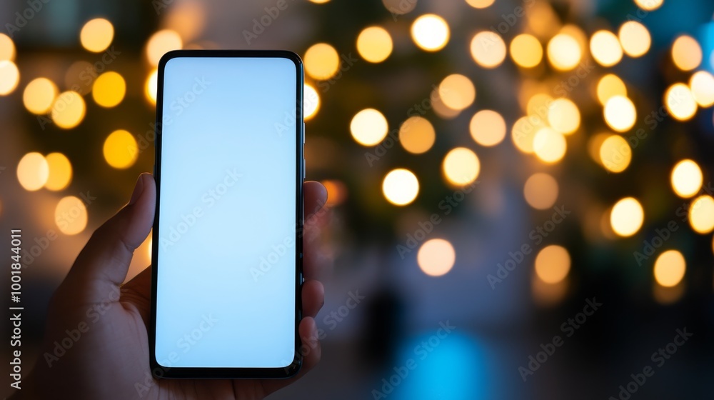 Poster a modern smartphone is held vertically in a hand, showcasing its sleek design against a softly lit t