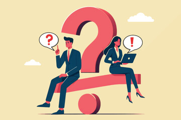 Illustration of a businessman and woman thinking about answers to existing questions