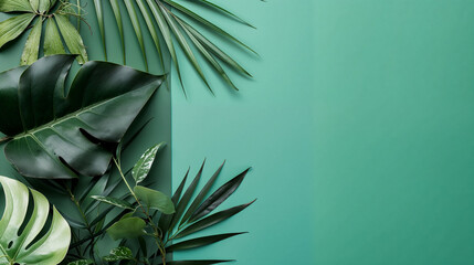 Fototapeta premium Green display wall, with indoor botanical plants, with space for text, negative space, design template style background