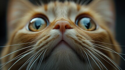 Close-up of a cat’s curious face, focusing on its eyes and whiskers 