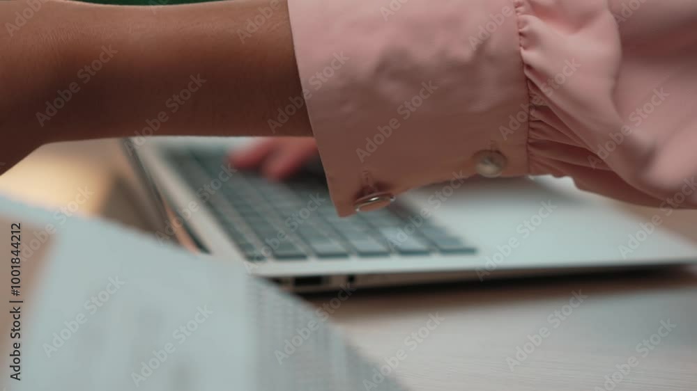 Poster slow motion closeup hand using laptop on workspace table on blurred background of colleagues or cowo