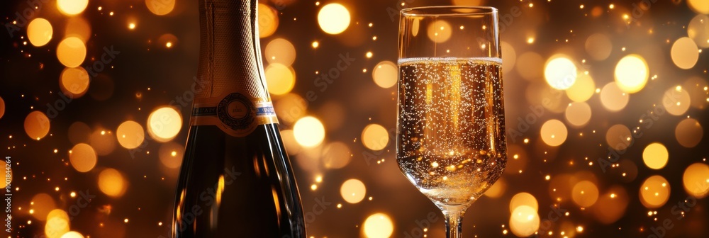 Poster a bottle of champagne and a flute glass filled with sparkling wine stand together against a backdrop