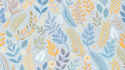 Colorful botanical pattern with leaves and flowers on light gray background