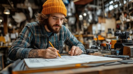 Close-up of an artist’s hand sketching in a notebook with a pencil, surrounded by various tools 