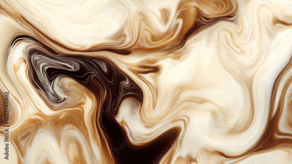 Poster swirling coffee merging with milk creates an abstract pattern in warm tones during a quiet morning m