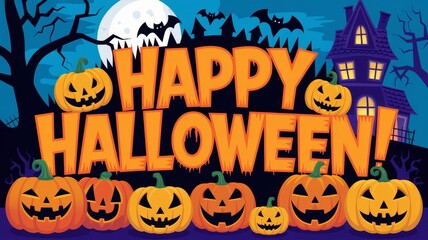 Text Happy Halloween with Pumpkins and a Haunted House Background