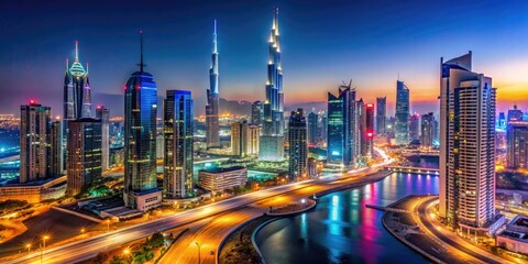 Fototapeta premium Stunning Dubai Skyline Illuminated at Night with Glittering Lights and Iconic Architecture Views