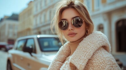 Fashionable woman wearing oversized sunglasses and posing in front of a luxury car 