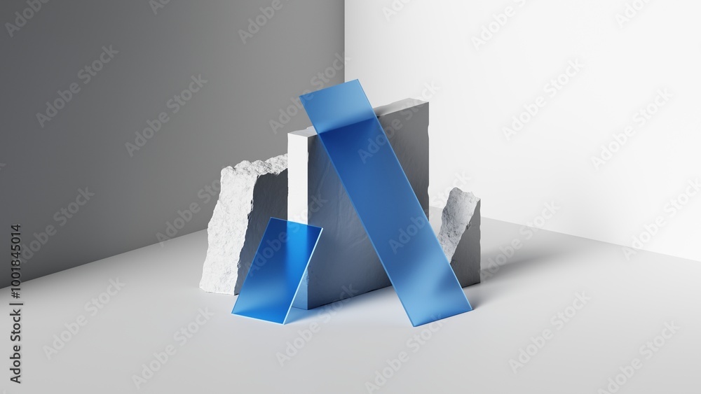 Poster 3d rendering. abstract geometric background. innovative fusion of rough white concrete and stone blo