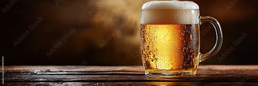 Poster A frothy beer mug overflowing with foam on a rustic wooden table in a cozy setting. Generative AI