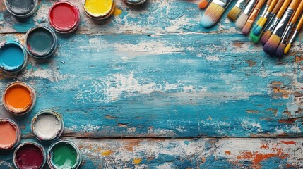 Flat lay of creative art supplies including paints, brushes, and colored pencils on a messy desk 
