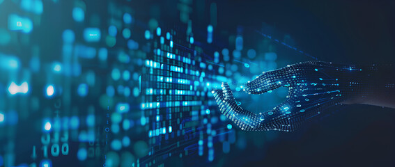 Digital technology concept, hand holding laptop with binary code and data flowing in the background, blue color theme. The artwork depicts binary code and data flowing in the style of blue background 