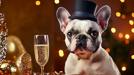 A dapper French Bulldog looking positively debonair in a top hat, sitting regally at a table adorned with confetti and streamers