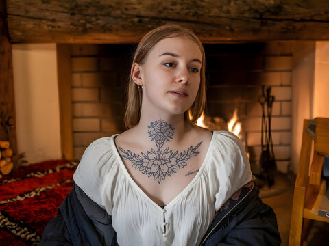 Estudiante cauc&aacute;sica con un tatuaje en el cuello y el pecho de estilo tradicional
