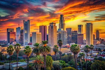 Stunning Los Angeles Skyline at Sunset with Vibrant Colors and Iconic Architecture in Background