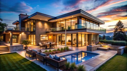 Fototapeta premium Stunning Luxury Modern Mansion with Expansive Windows and Elegant Outdoor Living Spaces at Dusk