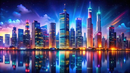 Obraz premium Stunning Night City Background with Vibrant Lights and Skyscrapers Illuminating the Urban Landscape
