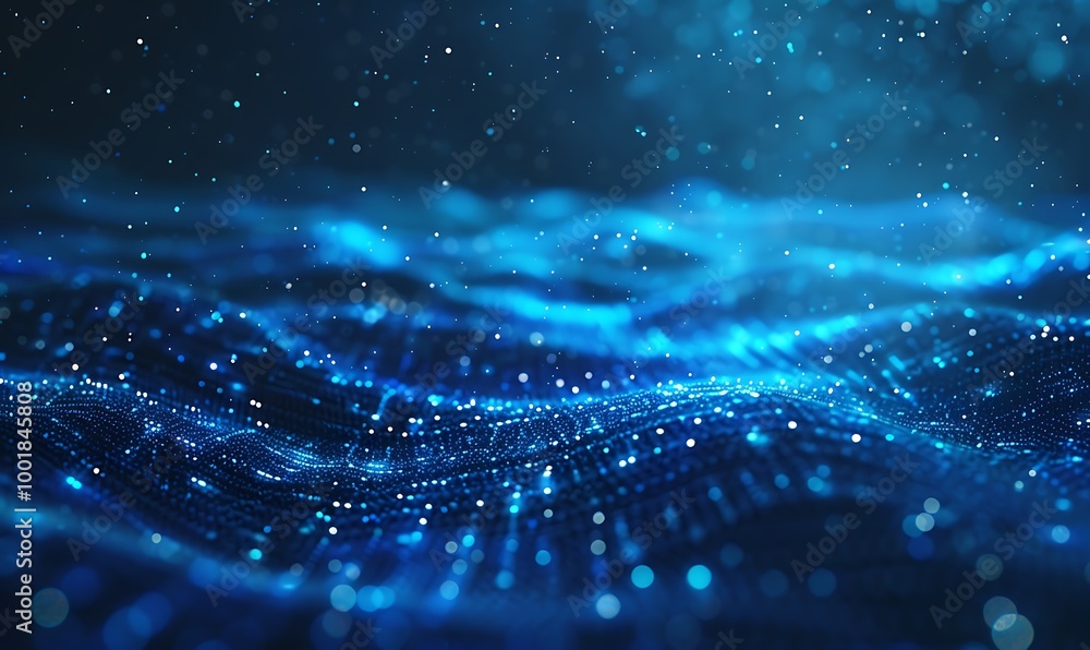 Aufkleber Abstract Technology Background of Glowing Blue Particles Weaving into a Network Grid