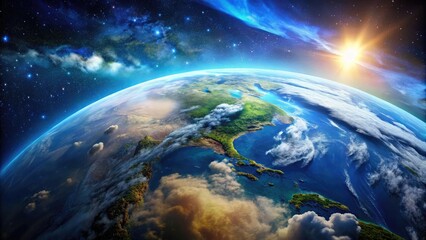 Fototapeta premium Stunning View of Earth from Space Showcasing the Outer Atmosphere and Vibrant Blue Planet Below
