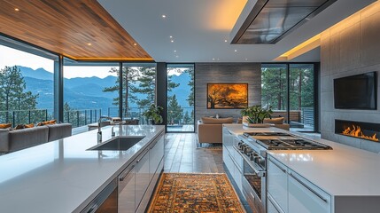Modern open-plan kitchen with sleek countertops and stainless steel appliances