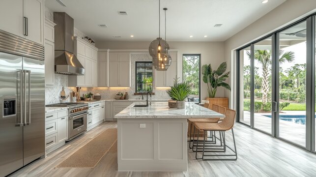 Modern open-plan kitchen with sleek countertops and stainless steel appliances - Powered by Adobe