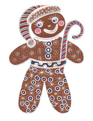Christmas character Cookie Man drawn on white background and decorated with patterns, hand made illustration for Christmas design.