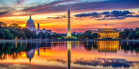 Naklejka premium Stunning Washington DC Skyline at Dusk with Iconic Monuments and Beautiful Cityscape Reflections