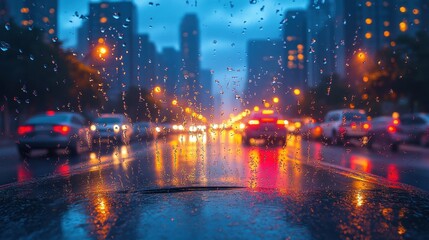 Obraz premium Raindrops on a car window with blurred city lights in the background 