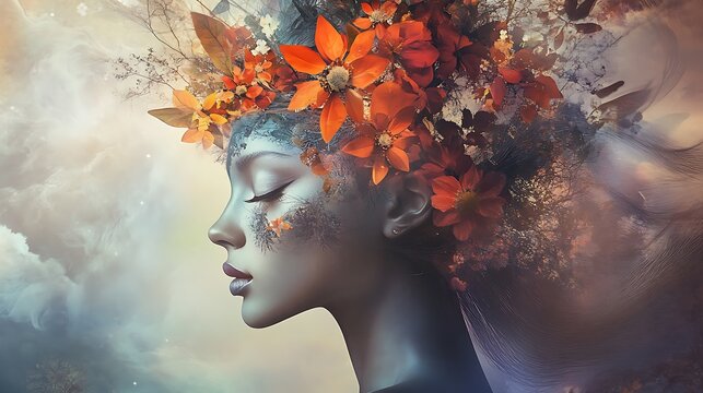 A mesmerizing depiction of a mysterious creature embodying the essence of nature, complete with a delicate crown of blooming flowers.