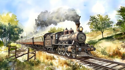 Obraz premium A beautifully detailed watercolor illustration of a historic steam train navigating its way through a lush, picturesque countryside