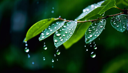 Green leaves soaked with water drops