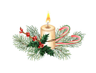 Candle burning in fir branches, holly, red berry, caramel watercolor illustration. Plants for winter Christmas and New Year's decor. Isolated from the background. Ideal for print, textile, web design,