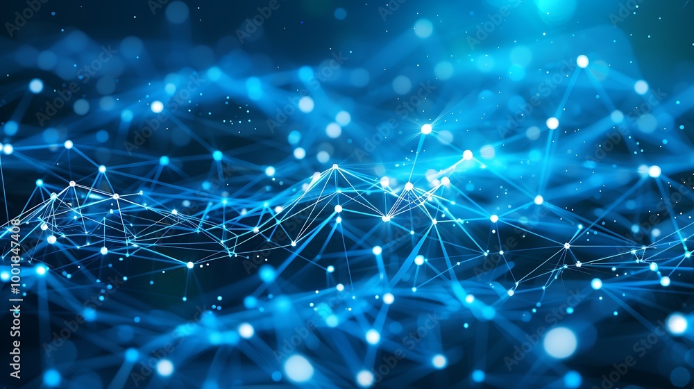 Poster Network Technology Background with Glowing Blue Particle Clusters and Web Lines