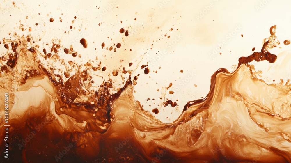Poster artistic composition of abstract coffee stains creating splashes on a light background with dynamic 