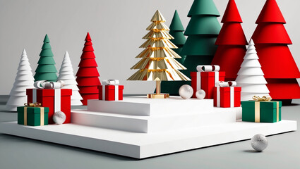 Christmas 3D background with minimalist stage, gift boxes, golden tree, and red-white color scheme, creating a modern, festive, and elegant holiday style.