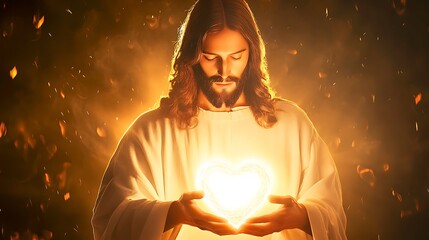 In this captivating stock photo, Jesus is surrounded by soft, ethereal light as he cradles a luminous heart in his hands, symbolizing love and compassion.