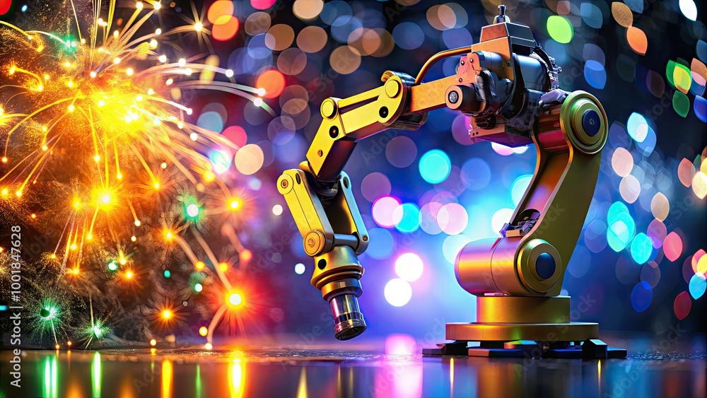Poster three-axis robot animation with gripper replacing digit 3 with 4 in countdown to new year 2024