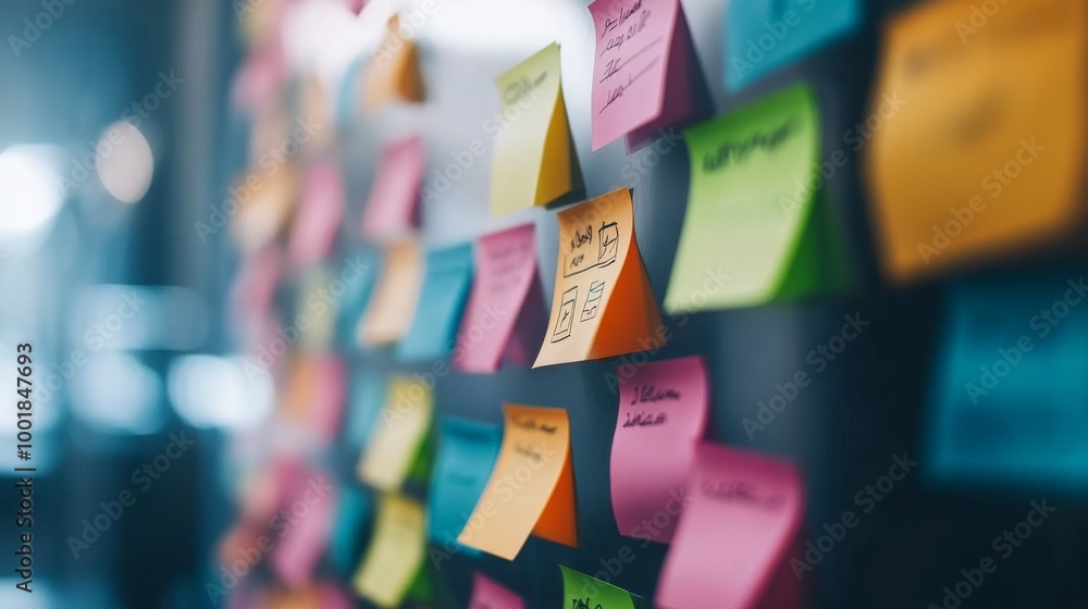 Poster a vibrant board filled with colorful sticky notes displays a well-organized list of tasks. each note