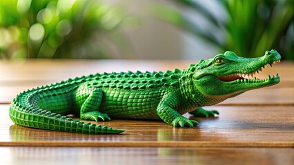 Fototapeta premium Toy Green Crocodile Model Prototype Created with FDM 3D Printing Technology on a Table Surface