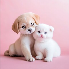 Obraz premium Affectionate feline and canine pals, the cat snuggled up against the dog, both gazing contentedly at the camera against a soft pink background, conveying warmth and friendship.